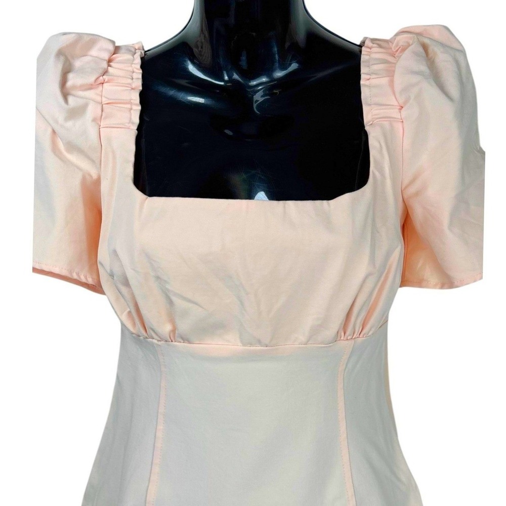 Free People Pera Peach Mini Dress Puff Sleeve Square Neck Smocked Back Size 2 - Picture 4 of 11